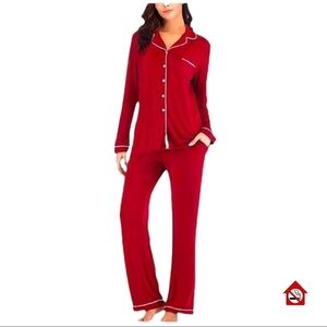 Women’s Long Red  Pant Pajama Set Size Large Front Button Drawstring BAL…